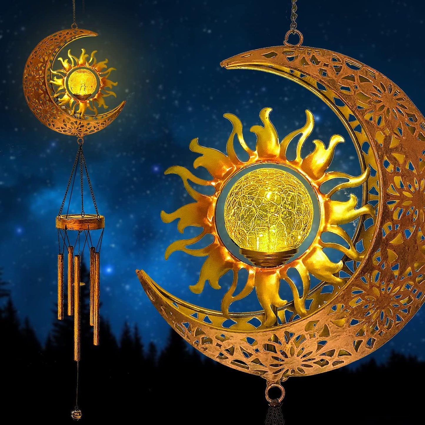 Solar Moon Sun Face Wind Chime Sun Moon Combination Iron Lamp Outdoor Hanging Lamp